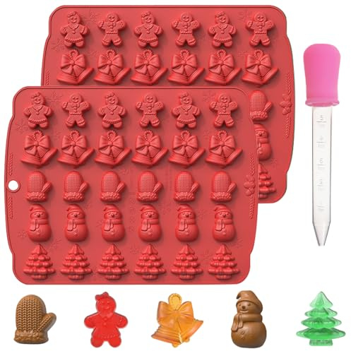 Christmas Candy Molds Silicone Chocolate Mold Christmas Tree Gingerbread Snowman Glove Bell Shape Gummy Mold for Fondant Cupcake Decoration Set of 2
