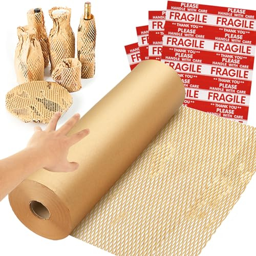 NAPALOOK Honeycomb Packing Paper Wrap 15''x328', Substitute Alternative for Bubble Cushioning Wrap for Moving Shipping Packaging, Recyclable Moving Supplies with 48 Fragile Sticker Labels