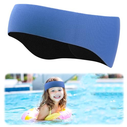 Schwimmen Stirnband Kinder, Badekappe Kinder, Neopren Schwimmband mit Klettverschluss und Ohrenschutz für Wasserspaß - Größe M (blau) (Blau)