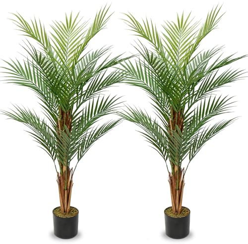 Juego de 2 plantas artificiales de 120 cm, palmera de areca, planta artificial, palmera, grande, en maceta, árbol artificial con 12 troncos para interior y exterior, decoración moderna, baño, salón,