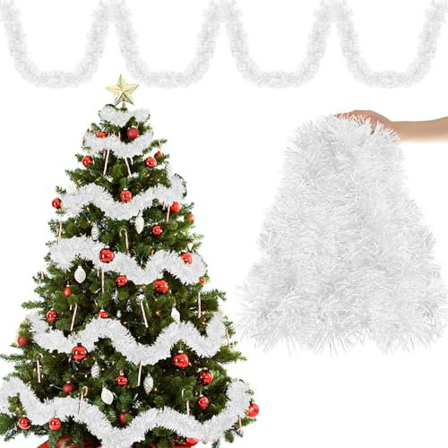 Espumillon Arbol Navidad, Blanco 20M/ Paquete de 10 Guirnalda Navidad Metálico Oropeles Brillantes Espumillón Navidad Guirnaldas Navideñas Decoración para Boda Fiesta Hogar interior y exterior