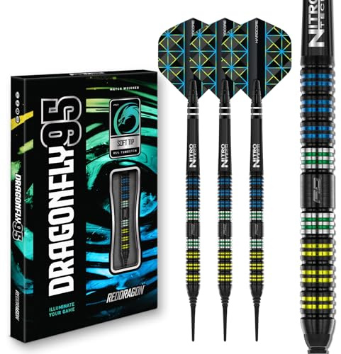 RÖDA DRAGON Darts - Trollslända 95-95% Volfram - 18g tunna/20g full vikt mjuk spets dartset med dartflyg och dartaxlar (stammar)