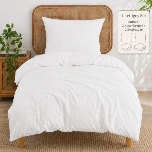Duvetnova Bettwäsche 135x200 Baumwolle 4teilig Weiß Superweiche 100% Vorgewaschene Baumwolle mit Leinenstruktur ÖKO-TEX Hotel 2 Bettbezüge 135x200+2 Kissenbezüge 80x80 Bettwäsche Einfarbig