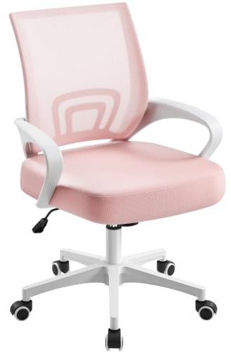 Yaheetech Silla de Oficina Silla de Escritorio de Malla Giratoria Rosa | Regulable en Altura, Silla con Apoyo Lumbar, Función Inclinación, Silla Malla Transpirable, Capacidad Max136 KG