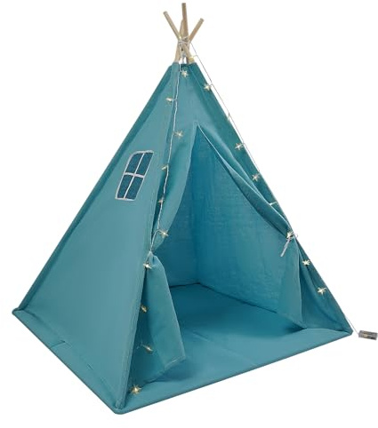 Tipi Tienda de campaña para niños, 120 x 120 x 140 cm, Tippi, tienda de campaña plegable para interiores, habitación infantil, con cadena de luces mate (azul)