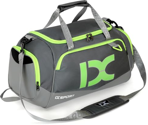 INOXTO Large Foldable Sports Gym Bag with Wet and Dry Pockets and Shoe Compartment for Men and Women, Weekend Overnight Camping Travel Duffel Bag (Gray with Fluorescent Green, Standard)