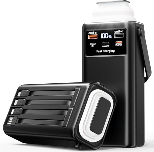 52800mAh Power Bank with 4 Cable, PD30W con Cavi Integrati:Batteria Esterna ad Alta Capacità, Ricarica Rapida USB C Powerbank 7 Uscite, Torcia LED Display Digitale, Ideale per Campeggio e Outdoor
