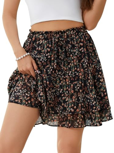 Aisprts Gonna Estiva Donna con Fiori, Gonna Mini con Elastico e Corda, Strati di Volant, Leggera e Traspirante, Perfetta per Estate e Spiaggia, Nero + Motivo Floreale, M