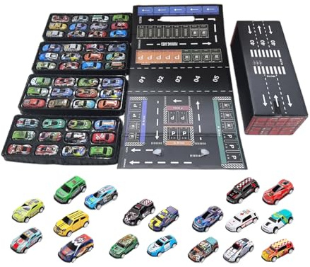 Krujecnt 48 Pieces Pull Back Cars For Kids, Pull Back Friction Power Toy Set With Garage, Portable Race Track Storage Case, Metal Vehicle Toys For Kids Birthday Parties Present