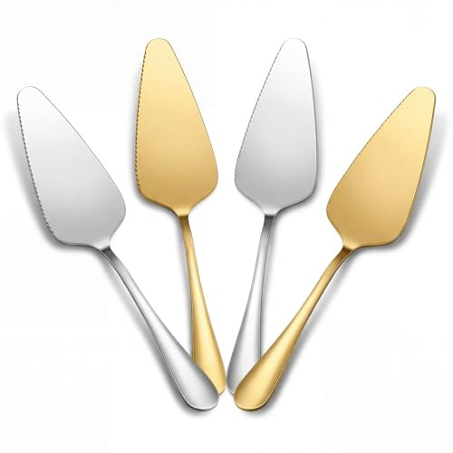 Set da 4 pezzi con spatola per torte, spatola in metallo, pinza per torte, paletta per pizza, ideale per la cucina, le feste e i ristoranti, accessori per torte (argento, oro)