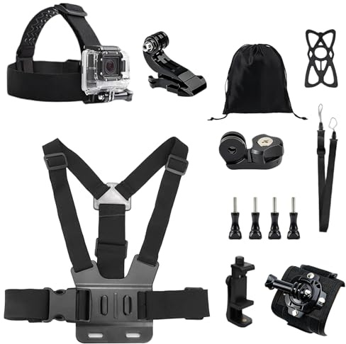 ZhouWei Pettorina Action Cam Kit, Accessori Action Cam Regolabile con Pettorina Cinghie per Testa Fascia da Polso Clip Pettorine Porta Telefono, per Action-Camera e Smartphone