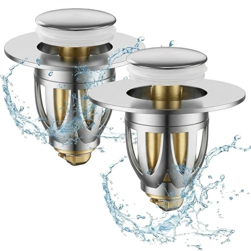 2 Pezzi Tappo Lavandino Bagno Universale, Filtro Scarico Pop-Up con Nucleo in Rame e ABS, Tappo Click-Clack Anti-Intasamento per Lavabo e Bidet, Antiruggine e Durevole