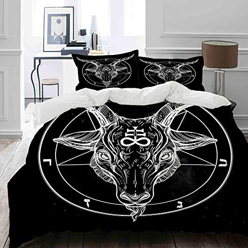 MIGAGA Bettwäsche-Set, Mikrofaser,Pentagramm mit Dämon Baphomet Satanic-Ziegen-Kopf-binäres Symbol-Tätowierungs-Retro- Musik,1 Bettbezug 135 x 200cm+ 2 Kopfkissenbezug 80x80cm