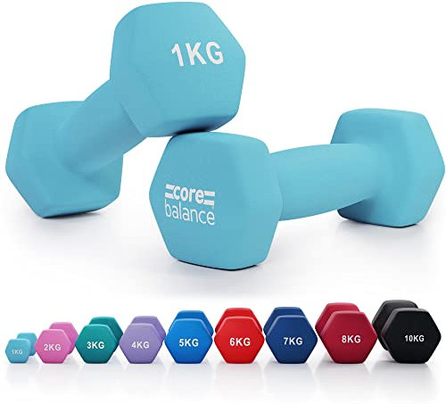 Core Balance 1kg Dumbbell Pair Hex Weight Neoprene Coated Cast Iron Strength Training (Light Blue)