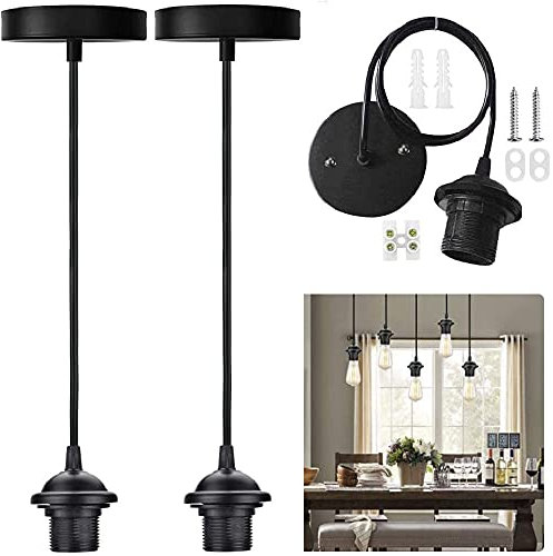 EMAGEREN 2 Pack Black Pendant Light Fitting E27 Ceiling Rose Pendant Vintage Pendants Lamp Holder Suspension Flex Ceiling Lights Pendants Fitting Kit with 1Meter Cable for Screw-Type Bulb Lights