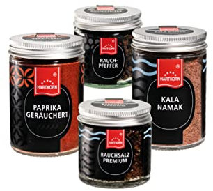 Hartkorn - Veganes Feinkost Gewürzset (4-teilig) Gourmetgewürze im Glas (Paprika geräuchert, Rauchsalz Premium, Rauchpfeffer, Kala Namak)