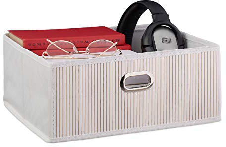 Relaxdays 4 Cestos Almacenaje Bambú, Cestitas Cuadradas Tela Baño, Cajas Bajas Estante, 14 x 31 x 31 cm, Asa, Plegables, Blanco