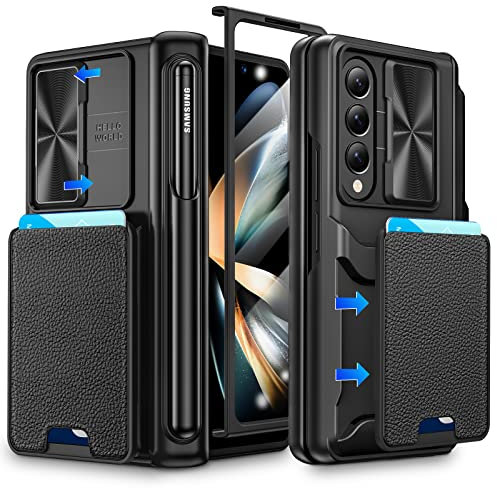 Caka for Z Fold 4 Case, Fold 4 Case with S Pen Holder & Screen Protector, Wallet Case with Card Holder Camera Cover & Hinge Protection Phone Case for Samsung Galaxy Z Fold 4 5G 2022-Black