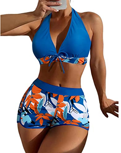 Maillot de Bain Femme 2 Pièces - Ensemble Bikini Taille Haute Rembourré Push Up - Short de Bain Uni