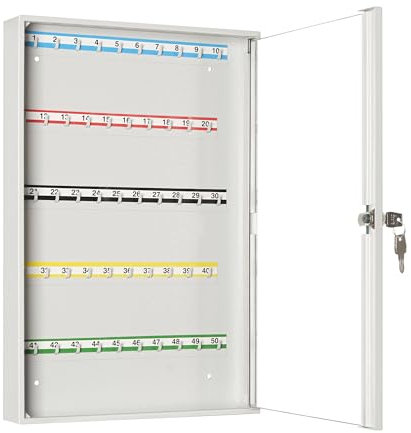 LEOMAR Armadietto per Chiavi, Cassetta per Chiavi con 50 Ganci, in Lamiera d'acciaio con Ante in Vetro, con Strisce di Gancio Fissi, Montaggio a Parete, con Serratura, 6 x 35 x 52 cm