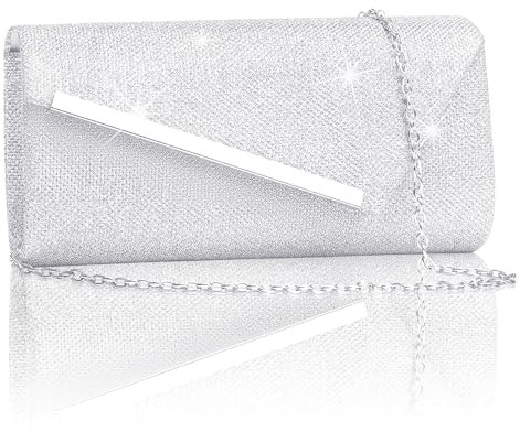 Larcenciel Silber Clutch, Metallic Abendtasche mit Abnehmbarer Kette, Glitzer Pailletten Handtasche für Damen, Elegante Crossbody Envelope Umhängetasche für Hochzeit, Party, Bankett, Date (23x5x12cm)