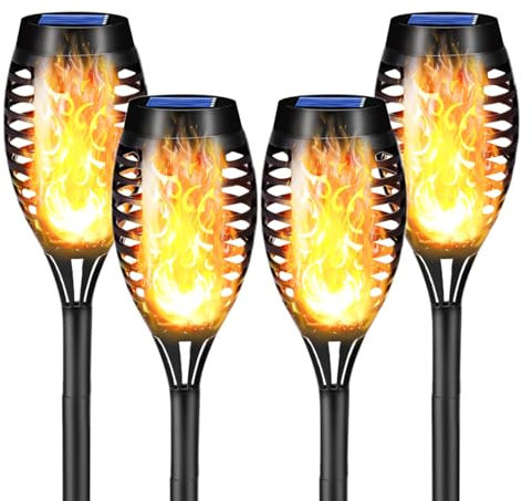 LQWELL® Lampe torche solaire pour jardin extérieur 4 pièce 12 LED Lampe solaire avec effet de flamme réaliste IP65 Torches de jardin étanches Lampes solaires (Blanc chaud 4 pièce)