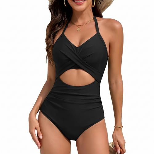 XDSP Bañador Reductor Mujer Una Pieza Vientre Plano Monokinis Control de Barriga Cintura Alta Fruncido Cuello en V Sexy Trajes de Baño Ropa de Playa Halter