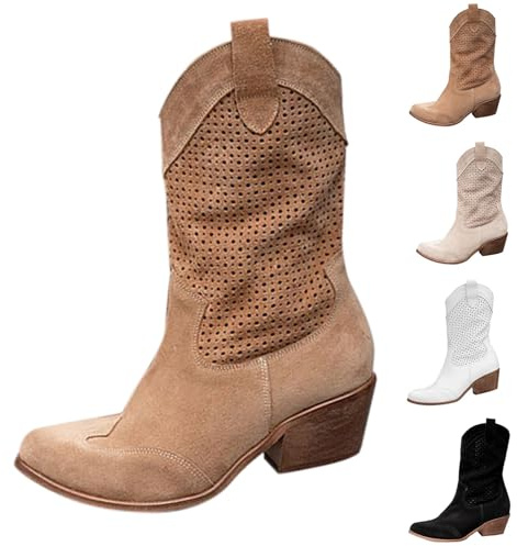 Botas Camperos Mujer Invierno Western Botines de Cowboy Cowgirl Botas Mujer Altas con Tacón Botines de Punta Botas Elásticas Mujer Curvy Botín Equitación Cremallera Bota, marrón, 37 EU