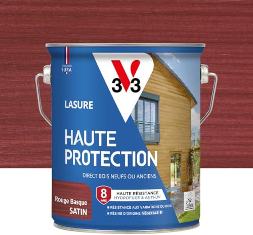 V33 Lasure Bois extérieur Rouge basque satin - Haute Protection 8 ans - Haute résistance hydrofuge et anti-UV - Résiste aux variations du bois - Ecolabel, résine d'origine végétale - 2,5L