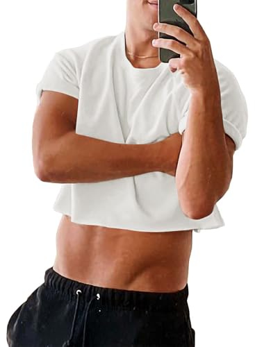 Runcati Camiseta para hombre con corbata de teñido Crop Tops con cuello redondo, algodón unisex de verano de manga corta para entrenamiento y ropa deportiva para hombres, Blanco, L