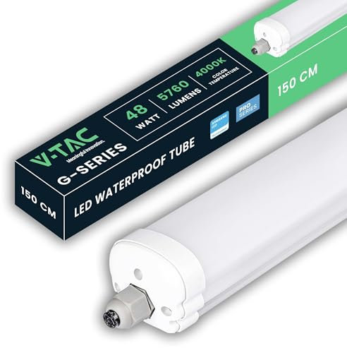 V-TAC Pantalla LED Estanca 150 CM - 48W - Chip Samsung - Lámpara Luminaria Rectangular 5760 Lumen IP65 para Pared, Garaje, Tienda - Tubo LED - Plafón LED Lineal - Luz Blanco Neutro 4000K