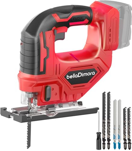 Jig Saw Compatible with 18V Battery, Cordless Jigsaw with LED Work Light, 0°-45°Bevel Cuts, 3 Orbital Settings for Straight/Curve/Bevel/Circle Cutting(Battery not Included)
