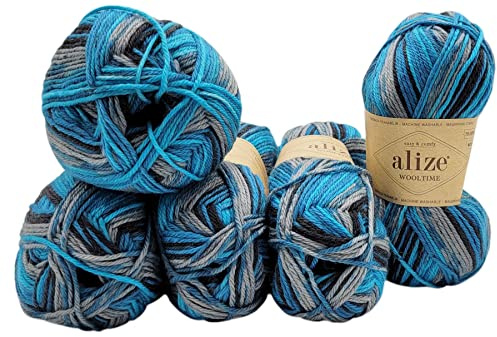 5 x 100 Gramm Sockenwolle Alize Wooltime mehrfarbig, 75% Superwash Wolle, 500 Gramm Strickwolle für Stricksocken und Strümpfe (türkis schwarz grau 11017)