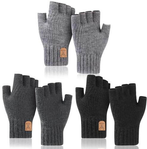 ViEinkaufen 3 Pair Fingerless Gloves For Women Men Thermal Half Finger Gloves Knitted Soft Lining For Running Biking Working Driving