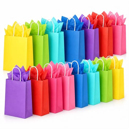 JOYELL 32 Pack Party Bags with Handles, Includes 32 Sheets Matching Tissue Paper, 8 Vibrant Colours Paper Gift Bags for Kids Birthday, Wedding Favours, Hen Do, Eco-Friendly Goodie Bags (22 x 16 x 8cm)