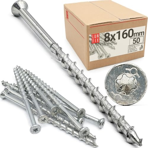 Set di 50 viti per calcestruzzo aerato 8 x 160 mm in acciaio zincato con testa svasata e azionamento TX per Ytong, cemento, gesso, cemento a gas, interni ed esterni