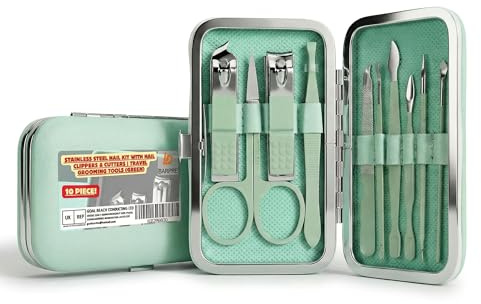 Barpre Manicure Set Professional - 10 Piece Stainless Steel Nail Clippers Kit & Pedicure Tools, Grooming Kit for Men & Women, Sharp Nail Cutter with Luxury Green Travel Leather Case