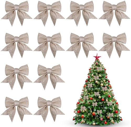 12 Pezzi Fiocchi Albero di Natale, 12x14cm Fiocchi Natalizi Glitterati, Decorazioni Natalizie Fiocchi, Adatto per Decorare Celebrazioni Familiari, Feste di Natale, Feste di Matrimonio (Champagne)