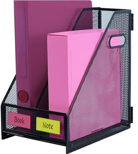 ideallife Desk Organizers, Metal Magazine File Holder with 2 Vertical Compartments Rack File Organiser Document Holder for Home Office Stationery Storage - Black
