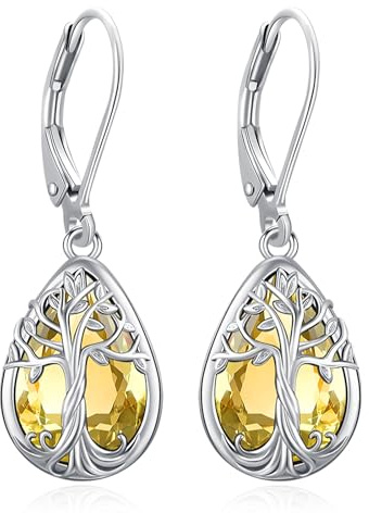 Eusense Boucles d'Oreilles Arbre de Vie avec Citrine Boucle d'Oreille Pendantes Goutte d'Eau Bijoux Cadeau pour Femme Idéal pour Anniversaire et Fête des Mères