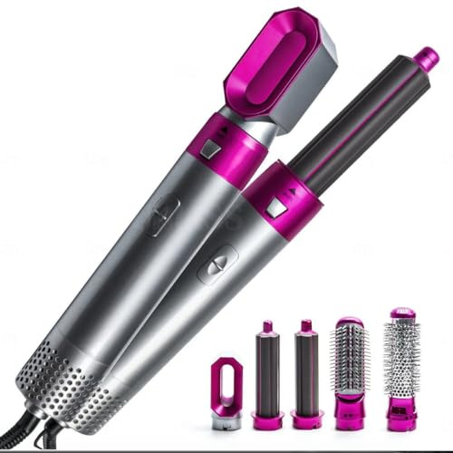 Set Professionale per Styling Capelli 5-in-1, Spazzola Termica Multifunzione non automatico con Accessori, Argento e Rosa, Kit per Acconciatura sciugacapelli, Lisciante, Arricciacapelli e Volumizzante