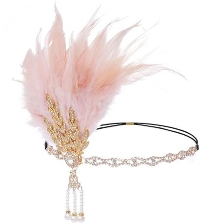 1920-talet flapper-pannband, fjäder huvudbonad huvudbonad, 20-talet vintage strass hårdekoration, för kvinnor flickor karneval temakostym avslutningsbal party dekoration (rosa)