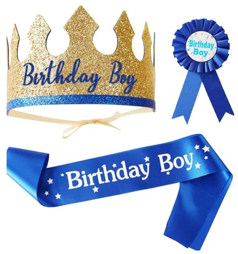 Ulmervion 3 PCS Birthday Boy Crown Hat, Sash & Badge Set - Adjustable for Boys' Party, Cosplay, Costume Events