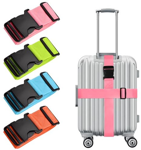 Correa para Equipaje, Ajustables Cinturón de Seguridad para Maletas con 4 Etiquetas para Equipaje, Accesorios de Viaje para Equipaje Fijo, 4 Piezas, 4 Colores