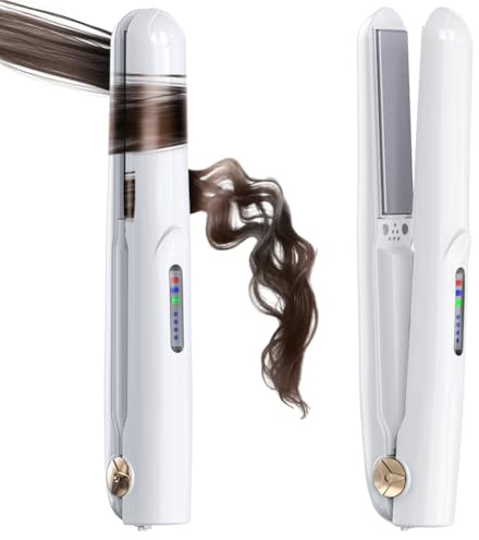 Cordless Hair Straightener 2 in 1 Mini Curler with Emergency Phone Charger Fast Heat 30s 3200mAh Battery 3 Temp up to 390℉ USB-C Rechargeable Portable for All Hair Types (White)