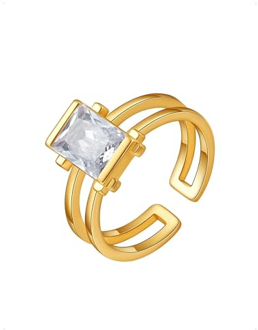KONFEN Anello da donna quadrato placcato oro 18k regolabile, brillante con zirconi incastonati, design traforato a doppio strato, apertura regolabile, stile metallico fantasia moderno, regalo, dorato