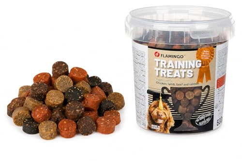 Friandises pour Chien – Rondelles au Poulet, Agneau, bœuf et Saumon – Snack d'entraînement sans Gluten – sans sucres ajoutés – 500 g – Fabriqué en Europe – Flamingo