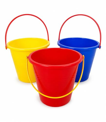 Kids Beach Bucket Set of 3 – 14cm Plastic Sand Buckets for Beach, Garden & Water Play – Red, Blue & Yellow