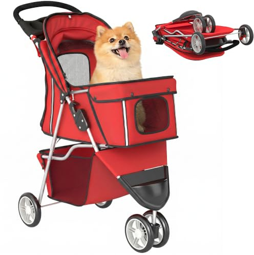 PawHut Poussette Buggy Pliable Animaux Chien Tout Terrain Rouge