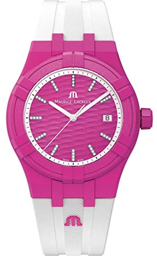 Maurice Lacroix AIKON AI2008-FFFF1-3A0-0 Schweizer Quarzuhr mit Diamanten, Fuchsia, weißes Gummi, 40 mm